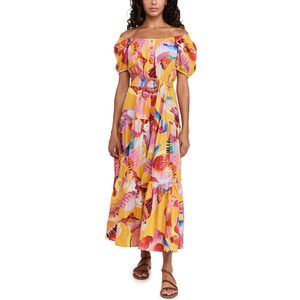Farm Rio Neon Macaws Puff Sleeve Off-Shoulder Cotton Maxi Dress Size XS